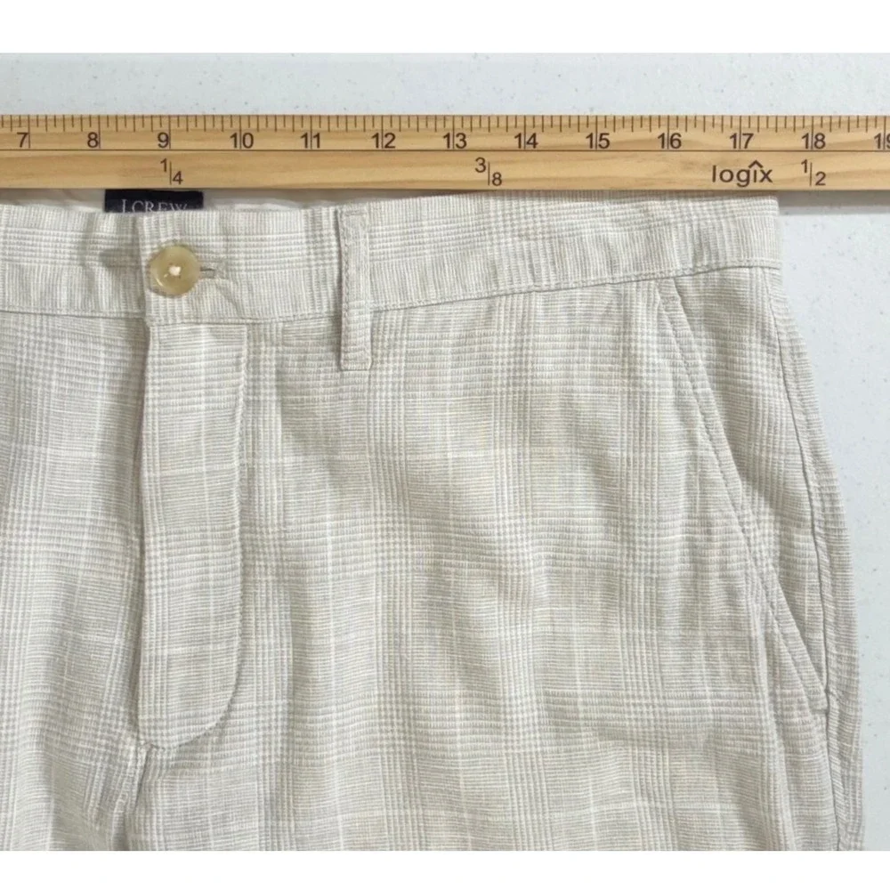 J Crew Factory Straight Fit Pants 34x34 Beige Glen Plaid Linen Cotton Blend NWT